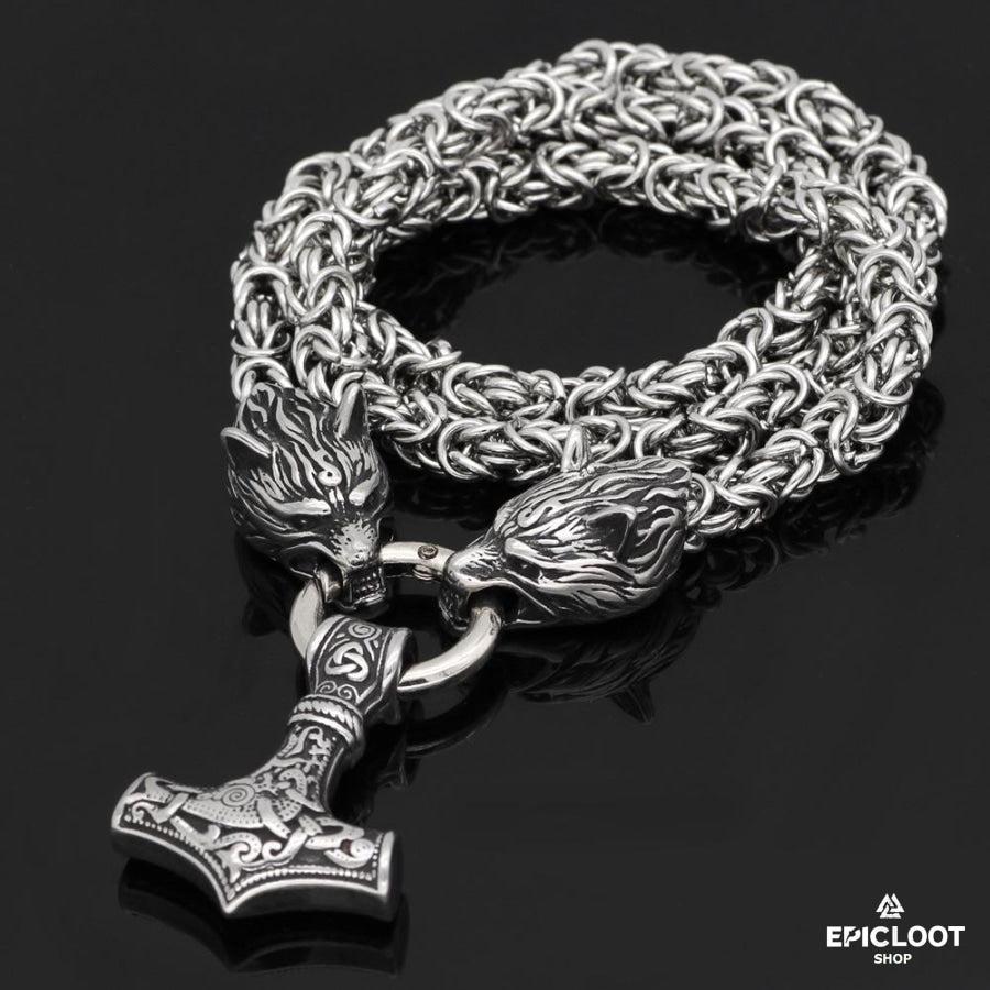 Wolf heads Norse viking Mjolnir Necklace