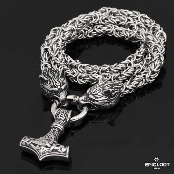 Wikinger-Mjolnir-Halskette mit Wolfsköpfen